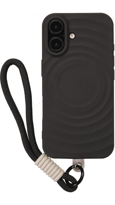 Coque iPhone 16 - Silicone Soft Touch MagSafe avec vagues et lanière - Noir