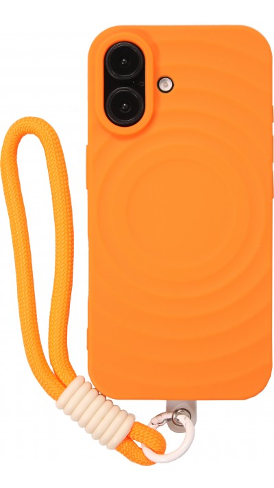 Coque iPhone 16 - Silicone Soft Touch MagSafe avec vagues et lanière - Orange
