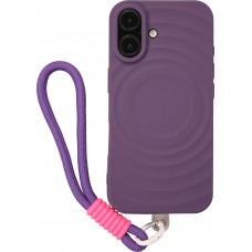 Coque iPhone 16 - Silicone Soft Touch MagSafe avec vagues et lanière - Violet