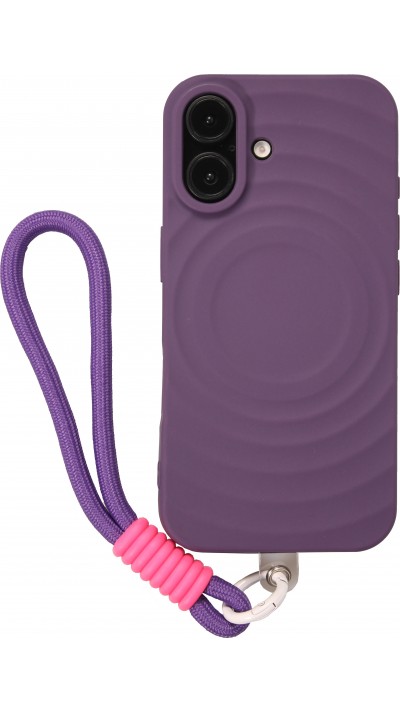 Coque iPhone 16 - Silicone Soft Touch MagSafe avec vagues et lanière - Violet