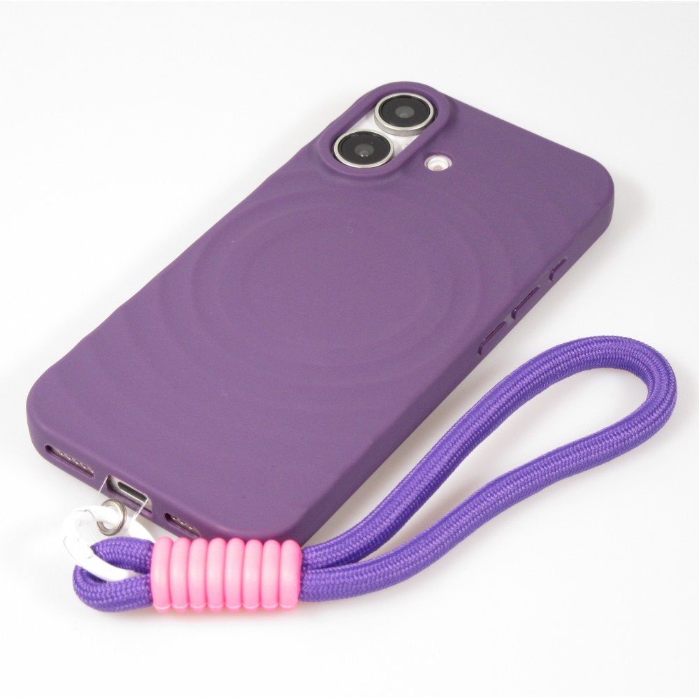 Coque iPhone 16 - Silicone Soft Touch MagSafe avec vagues et lanière - Violet