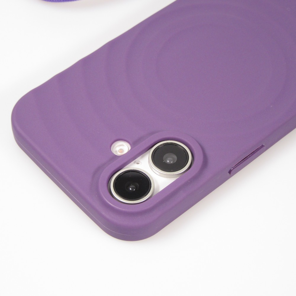 Coque iPhone 16 - Silicone Soft Touch MagSafe avec vagues et lanière - Violet