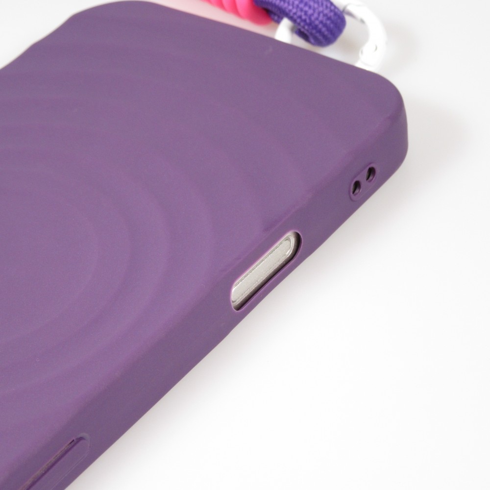 Coque iPhone 16 - Silicone Soft Touch MagSafe avec vagues et lanière - Violet