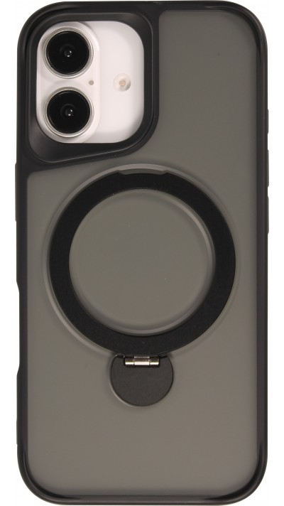 Coque iPhone 16 - Transparente minimaliste avec anneau rotatif et bords renforcés  - Noir