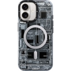 Coque iPhone 16 - Youngkit silicone compatible MagSafe design circuit style puce électronique - Gris