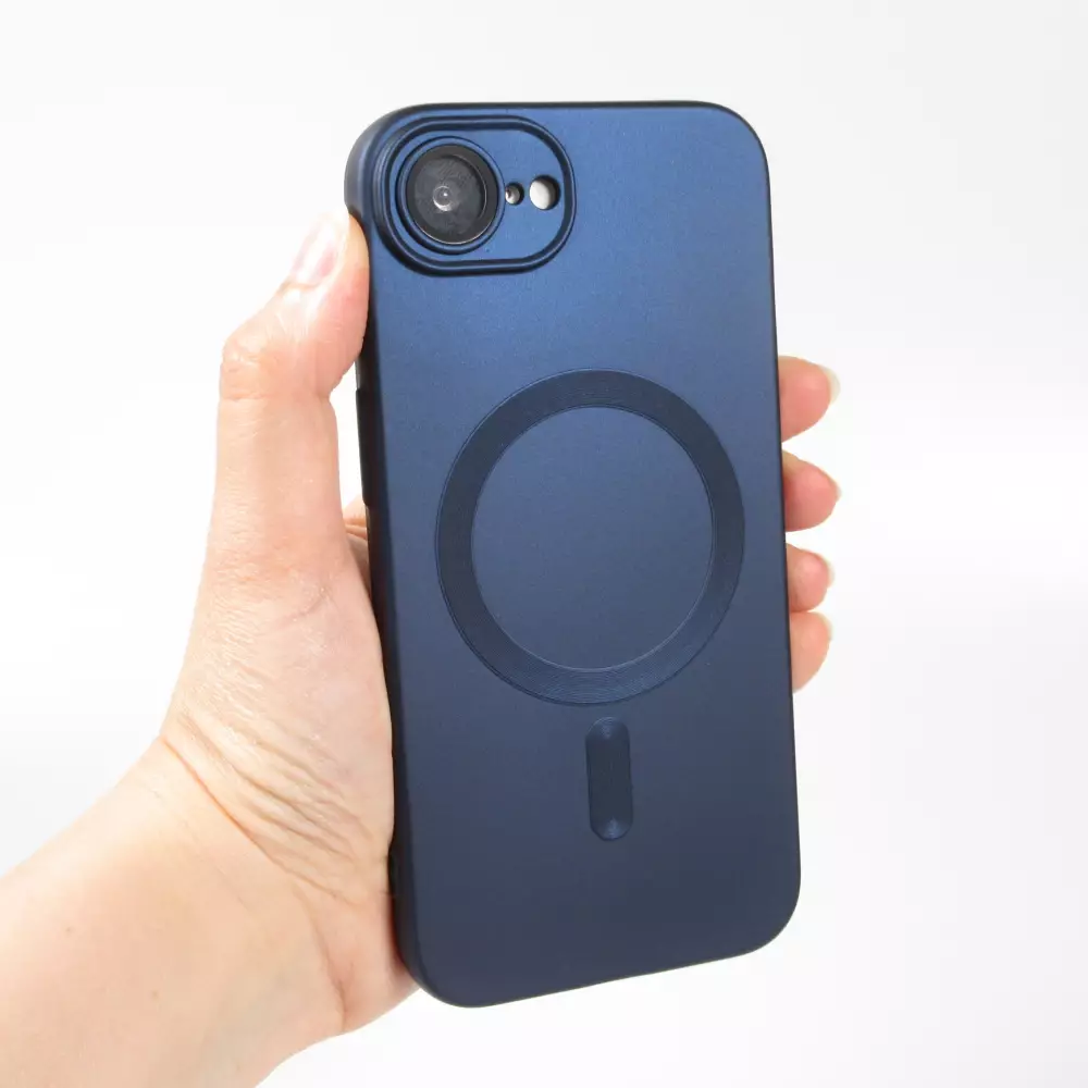 Coque iPhone 16e - Gel souple avec vitre de protection cam&eacute;ra MagSafe - Bleu fonc&eacute;