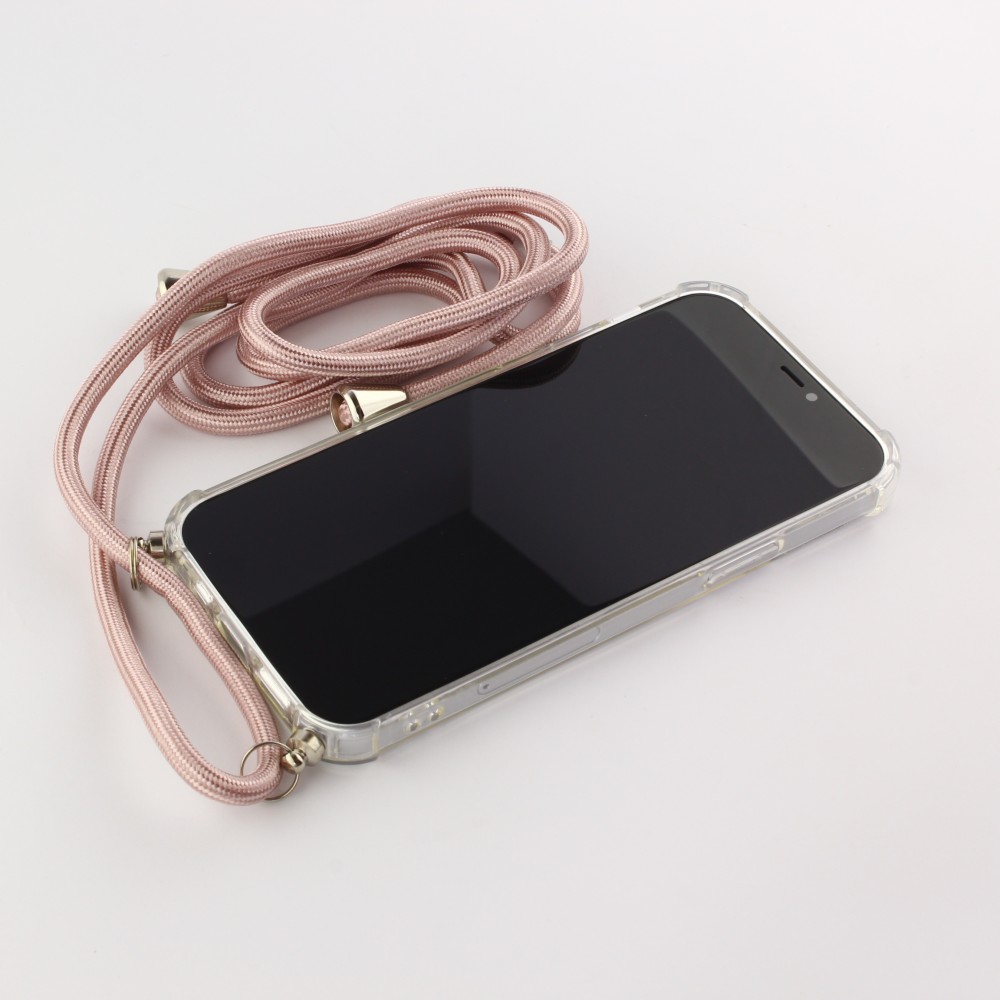 Hülle iPhone 17e / 16e - Gummi transparent mit Seil rosa - Gold