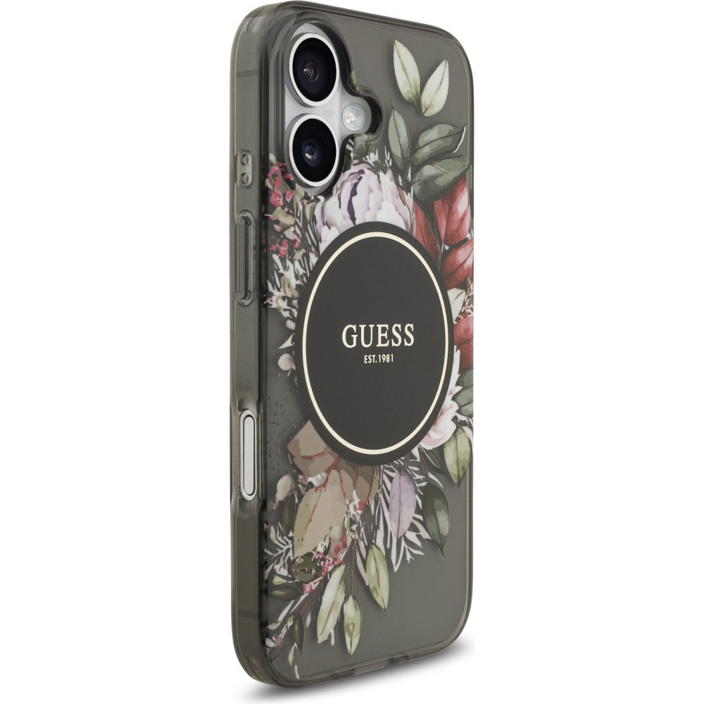 iPhone 17 Case Hülle - Guess IML Blumen mit Handgelenk-Kette, kompatibel mit MagSafe, elegante und trendige Schutzhülle - Schwarz