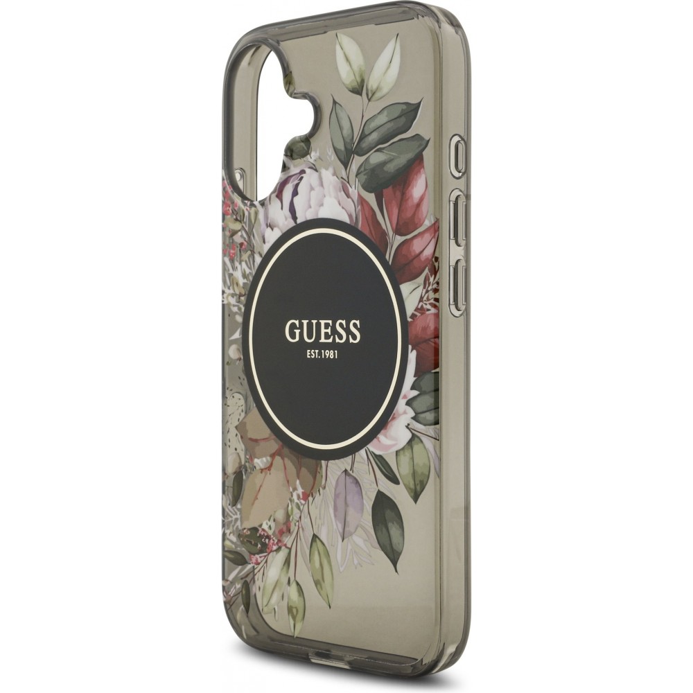iPhone 17 Case Hülle - Guess IML Blumen mit Handgelenk-Kette, kompatibel mit MagSafe, elegante und trendige Schutzhülle - Schwarz
