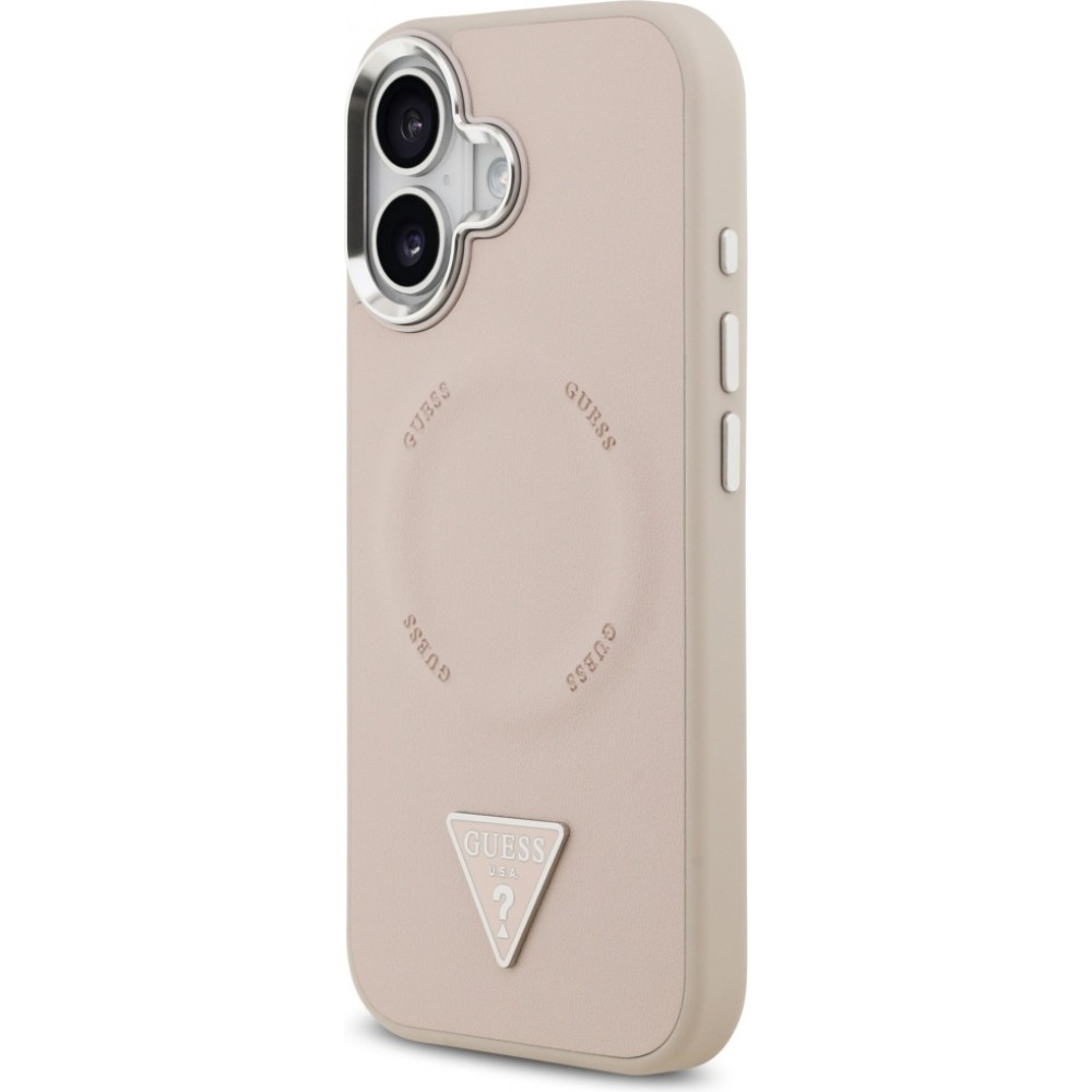 Coque iPhone 17 - Guess MagSafe cuir PU avec logo triangle et cadre caméra métal argenté - Rose