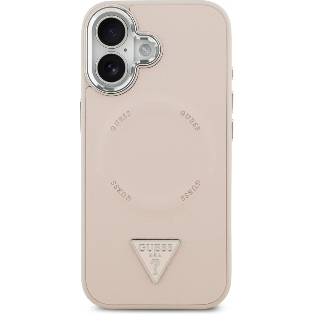 Coque iPhone 17 - Guess MagSafe cuir PU avec logo triangle et cadre caméra métal argenté - Rose