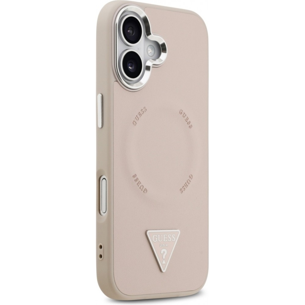 Coque iPhone 17 - Guess MagSafe cuir PU avec logo triangle et cadre caméra métal argenté - Rose