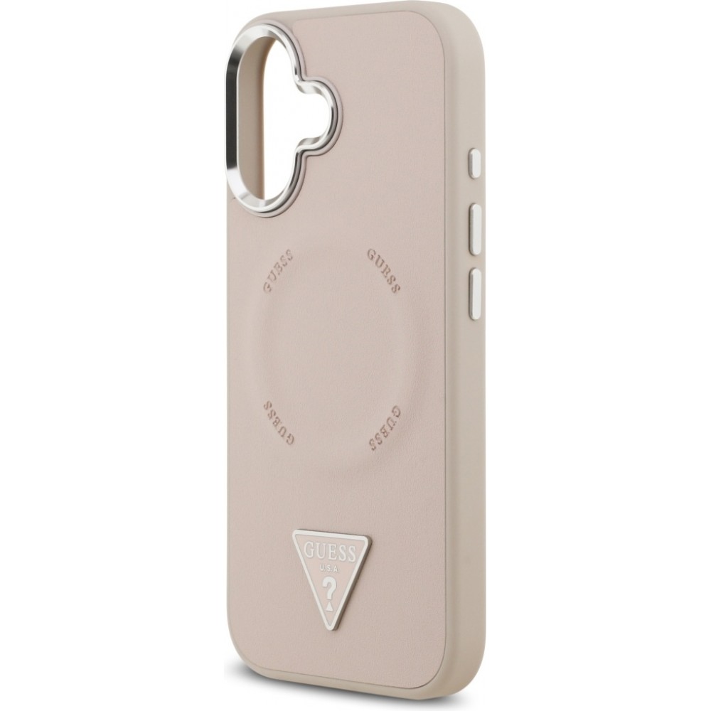 Coque iPhone 17 - Guess MagSafe cuir PU avec logo triangle et cadre caméra métal argenté - Rose