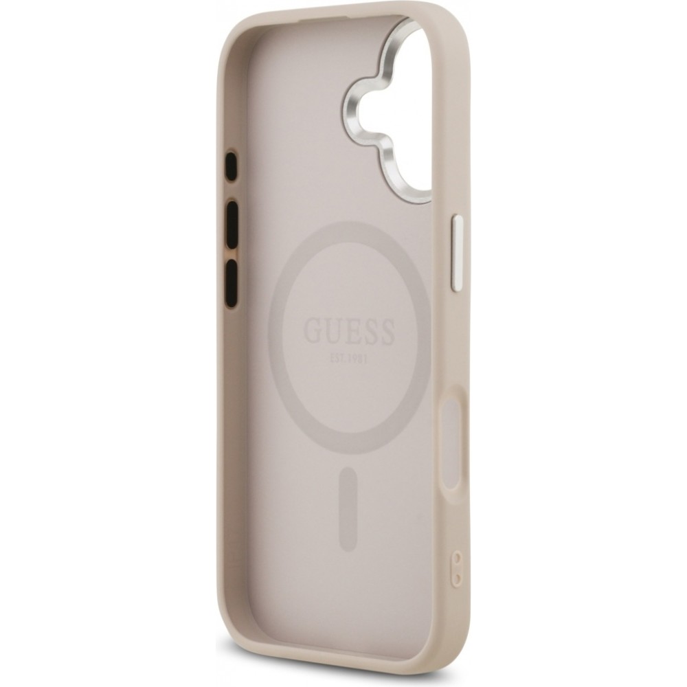 Coque iPhone 17 - Guess MagSafe cuir PU avec logo triangle et cadre caméra métal argenté - Rose