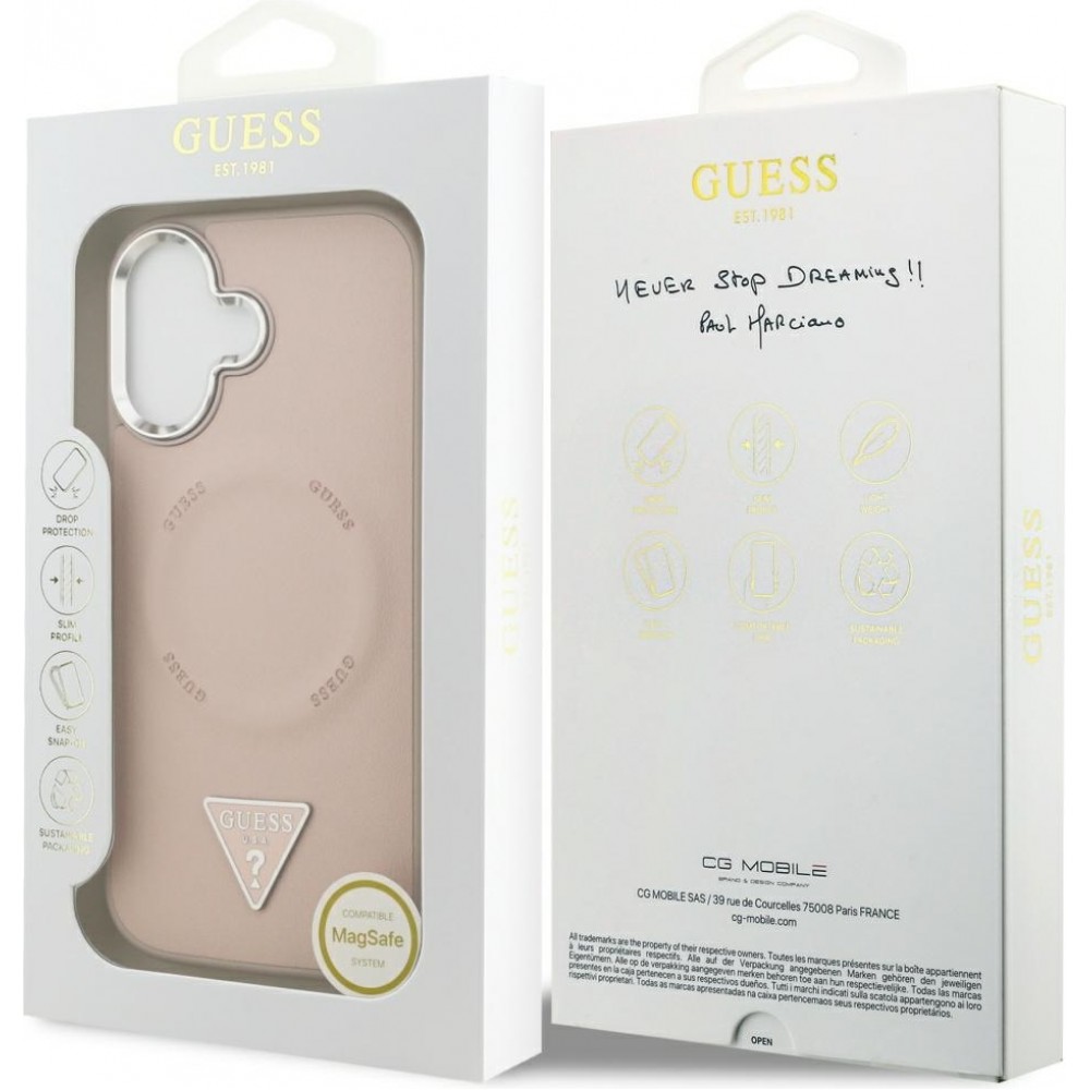 Coque iPhone 17 - Guess MagSafe cuir PU avec logo triangle et cadre caméra métal argenté - Rose