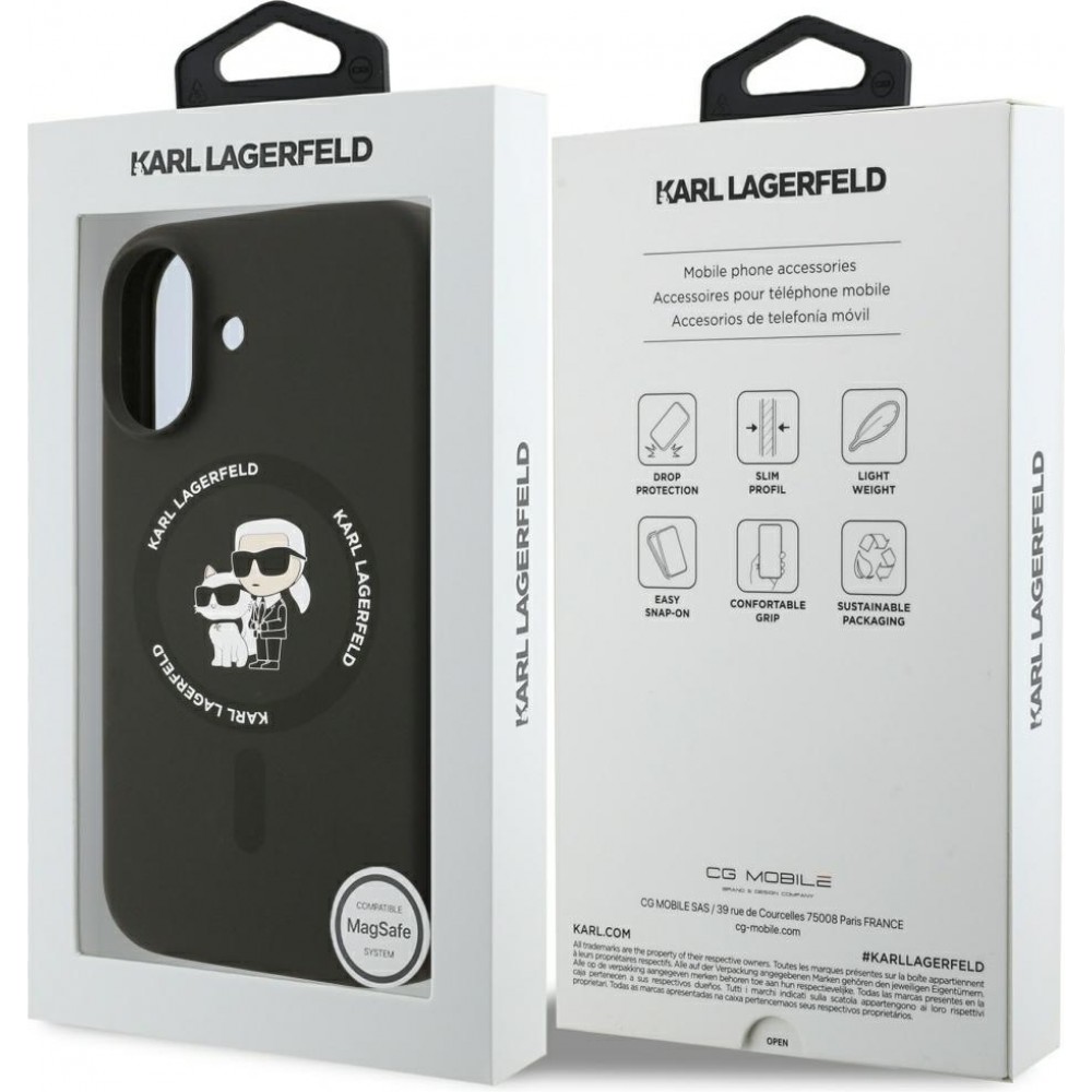 Coque iPhone 17 - Karl Lagerfeld Liquid en silicone avec design Karl et Choupette compatible MagSafe - Noir