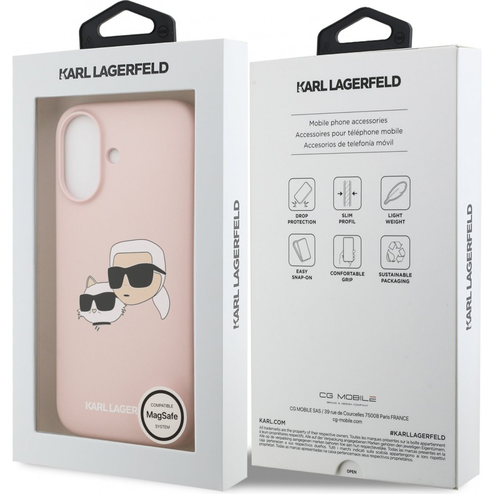 Coque iPhone 17 - Karl Lagerfeld Liquid en silicone avec design tête Karl et Choupette compatible MagSafe - Rose