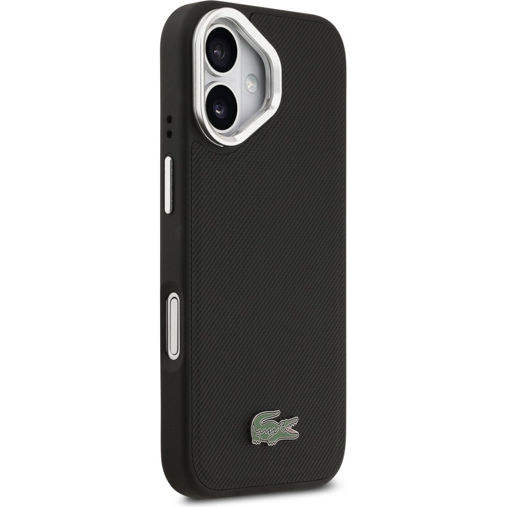 Coque iPhone 17 - Lacoste Iconique Petit Piqué MagSafe avec support en métal sur la caméra - Noir