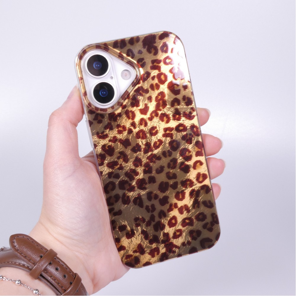 Coque iPhone 17 - Léopard marron holographique en silicone rigide effet miroir - Brun