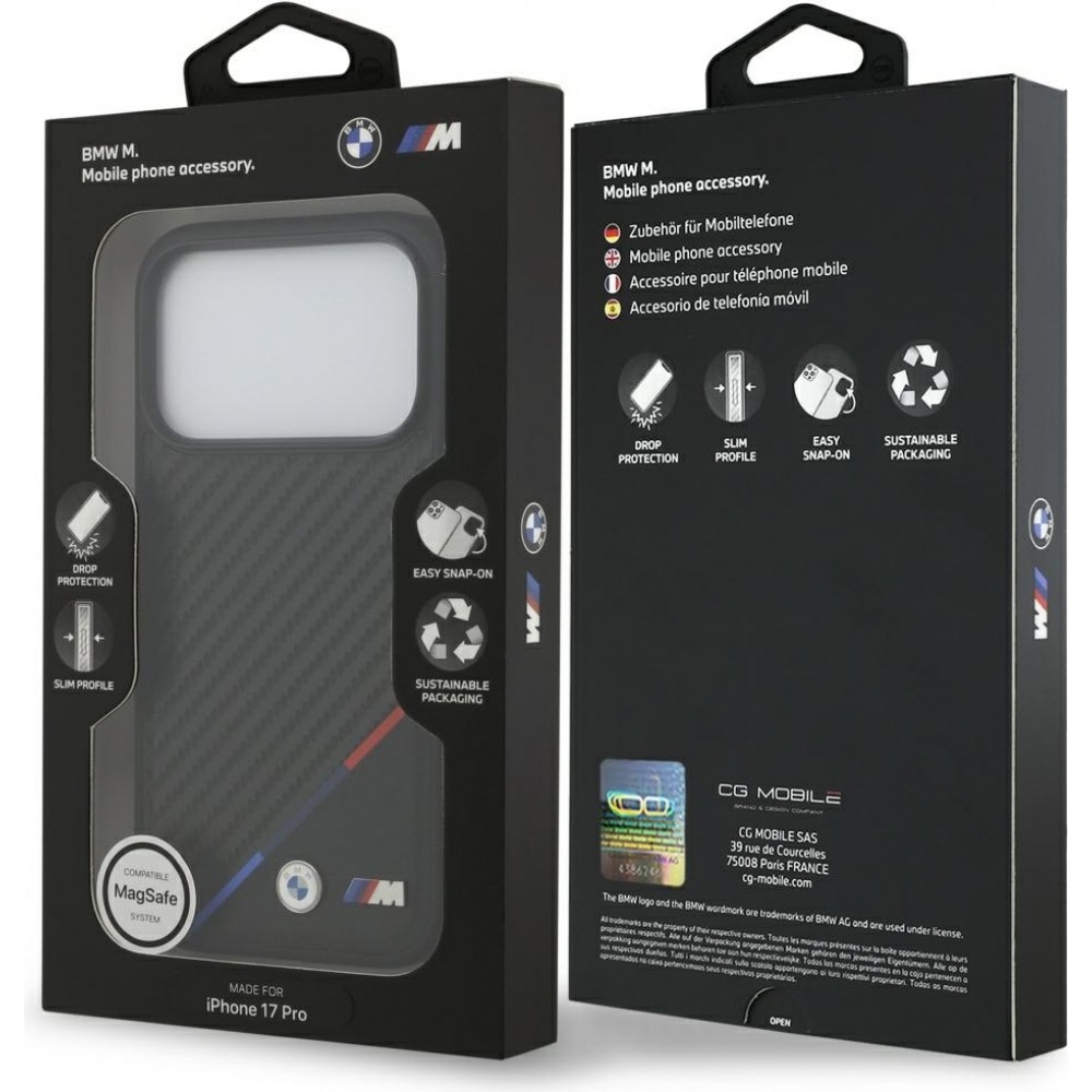 Coque iPhone 17 Pro - BMW M Carbon Tricolor Line compatible MagSafe protection premium - Noir