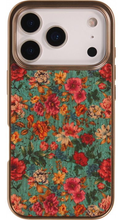 Coque iPhone 17 Pro - Fleurs vintage avec une texture en liège légère et élégante - Bleu