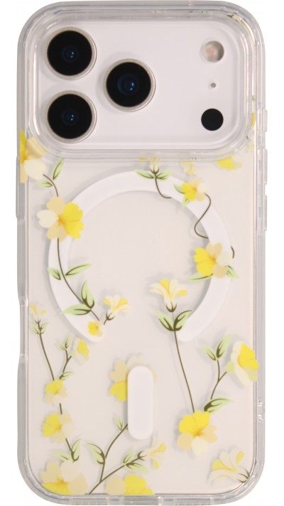 Coque iPhone 17 Pro - Floral Lianes MagSafe en silicone résistante - Jaune