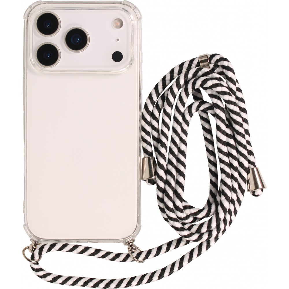 Coque iPhone 17 Pro - Gel transparent avec lacet - Blanc / noir