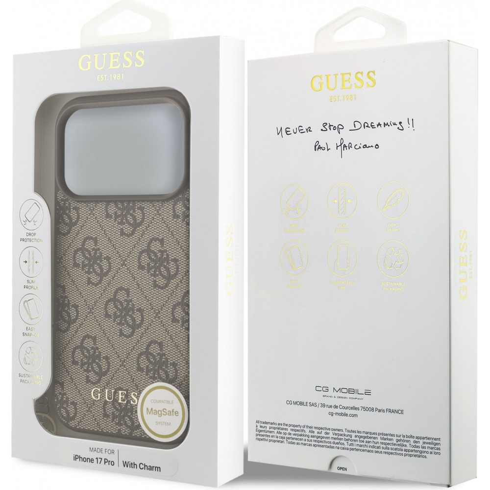 Coque iPhone 17 Pro - Guess 4G charm protection élégante design raffiné accessoire tendance - Brun