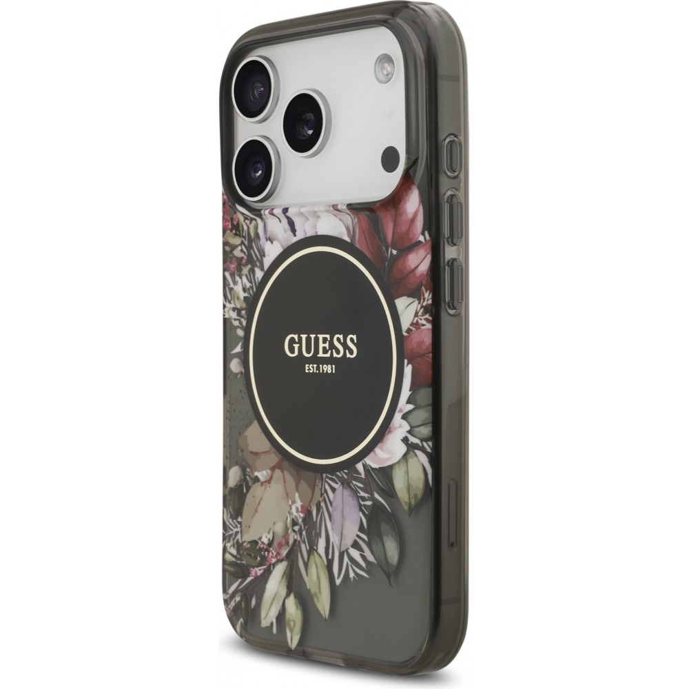 Coque iPhone 17 Pro - Guess IML fleurs avec cha&icirc;ne poignet compatible MagSafe protection &eacute;l&eacute;gante et tendance - Noir