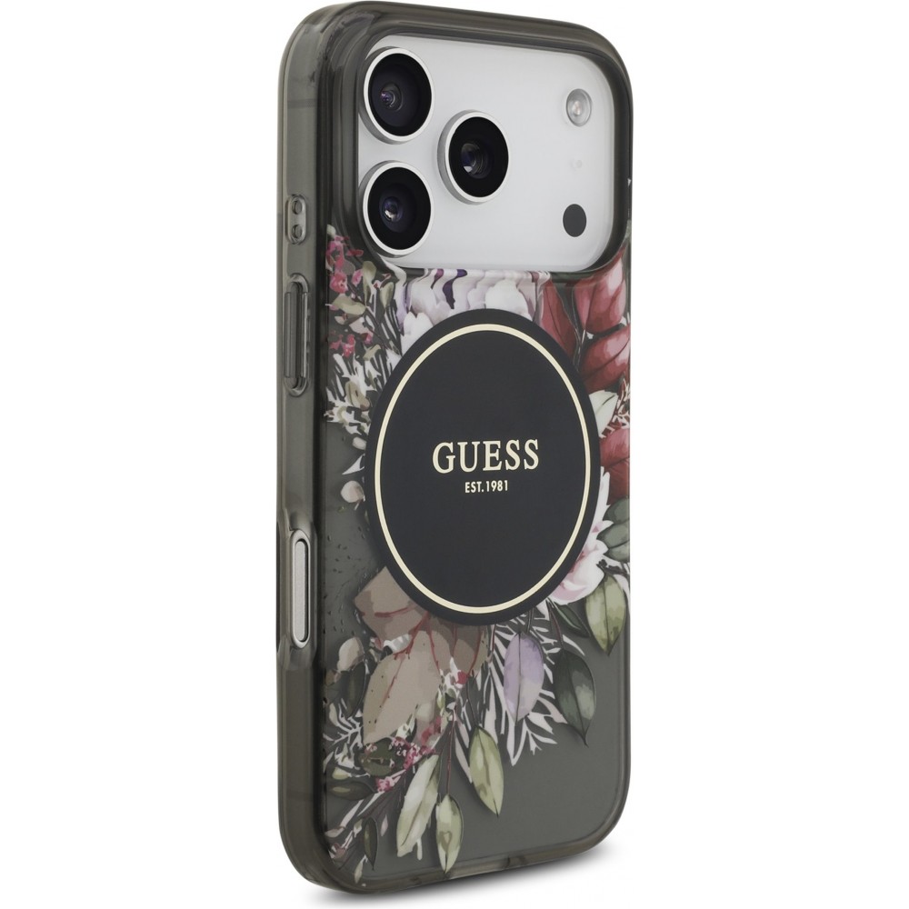 Coque iPhone 17 Pro - Guess IML fleurs avec cha&icirc;ne poignet compatible MagSafe protection &eacute;l&eacute;gante et tendance - Noir