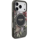 Coque iPhone 17 Pro - Guess IML fleurs avec cha&icirc;ne poignet compatible MagSafe protection &eacute;l&eacute;gante et tendance - Noir