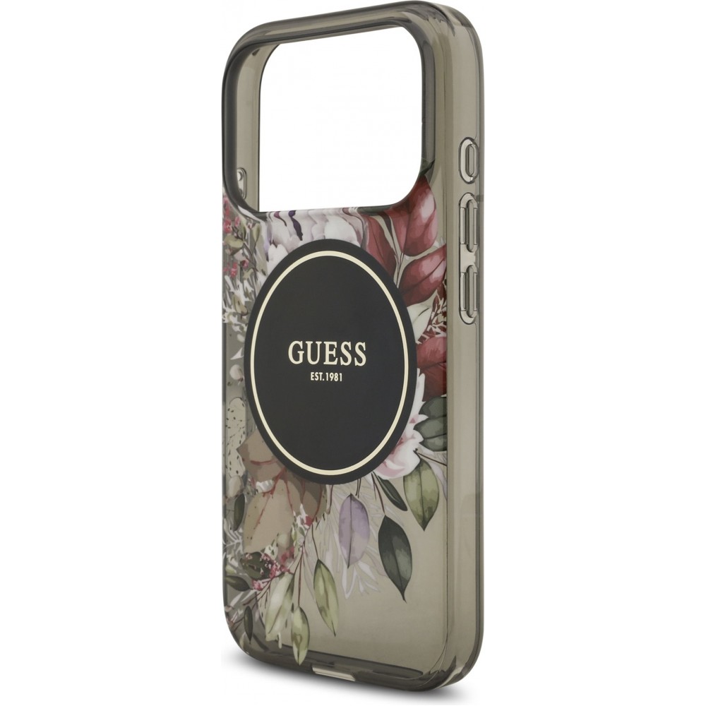 Coque iPhone 17 Pro - Guess IML fleurs avec cha&icirc;ne poignet compatible MagSafe protection &eacute;l&eacute;gante et tendance - Noir
