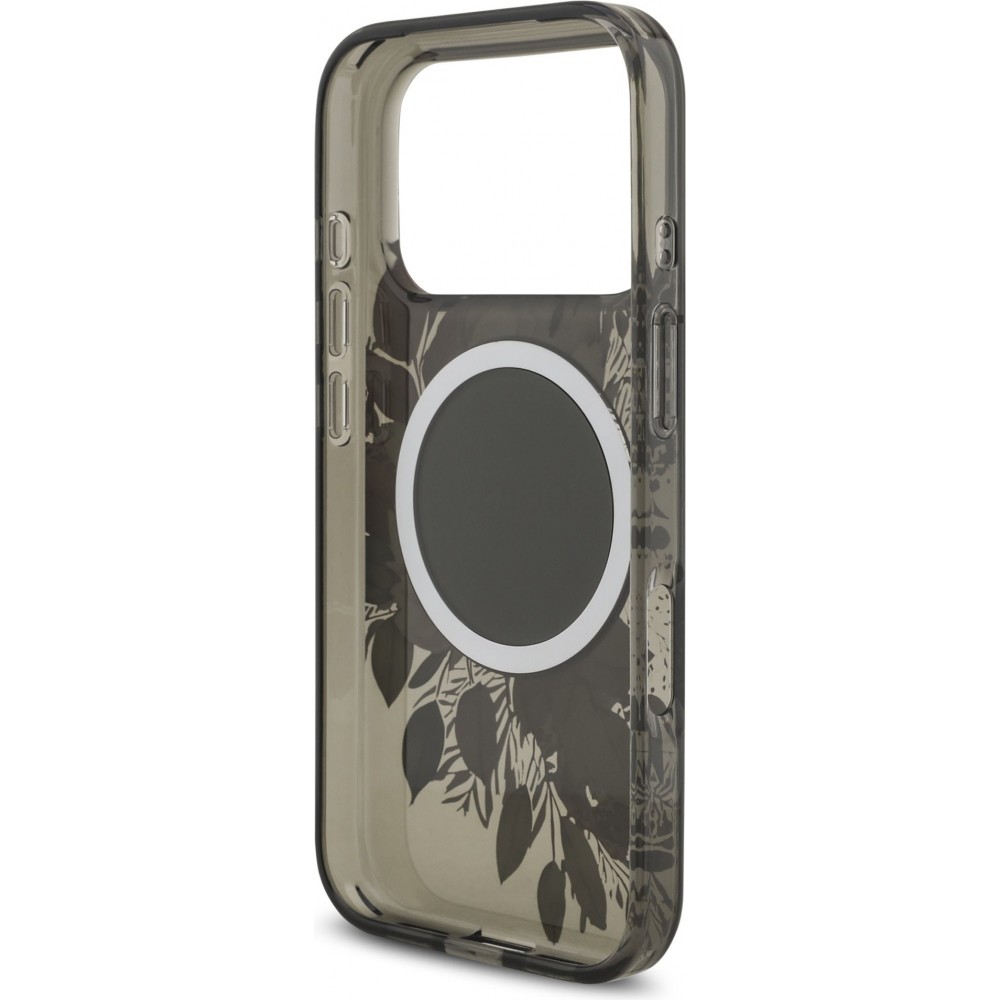 Coque iPhone 17 Pro - Guess IML fleurs avec cha&icirc;ne poignet compatible MagSafe protection &eacute;l&eacute;gante et tendance - Noir