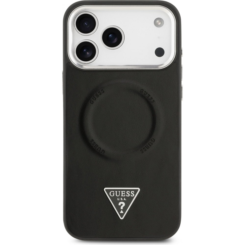 Coque iPhone 17 Pro - Guess MagSafe cuir PU avec logo triangle et cadre caméra métal argenté - Noir