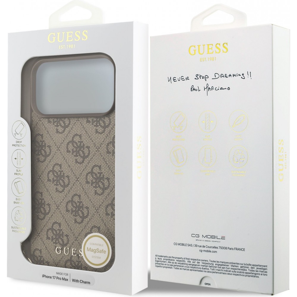 Coque iPhone 17 Pro Max - Guess 4G charm protection élégante design raffiné accessoire tendance - Brun