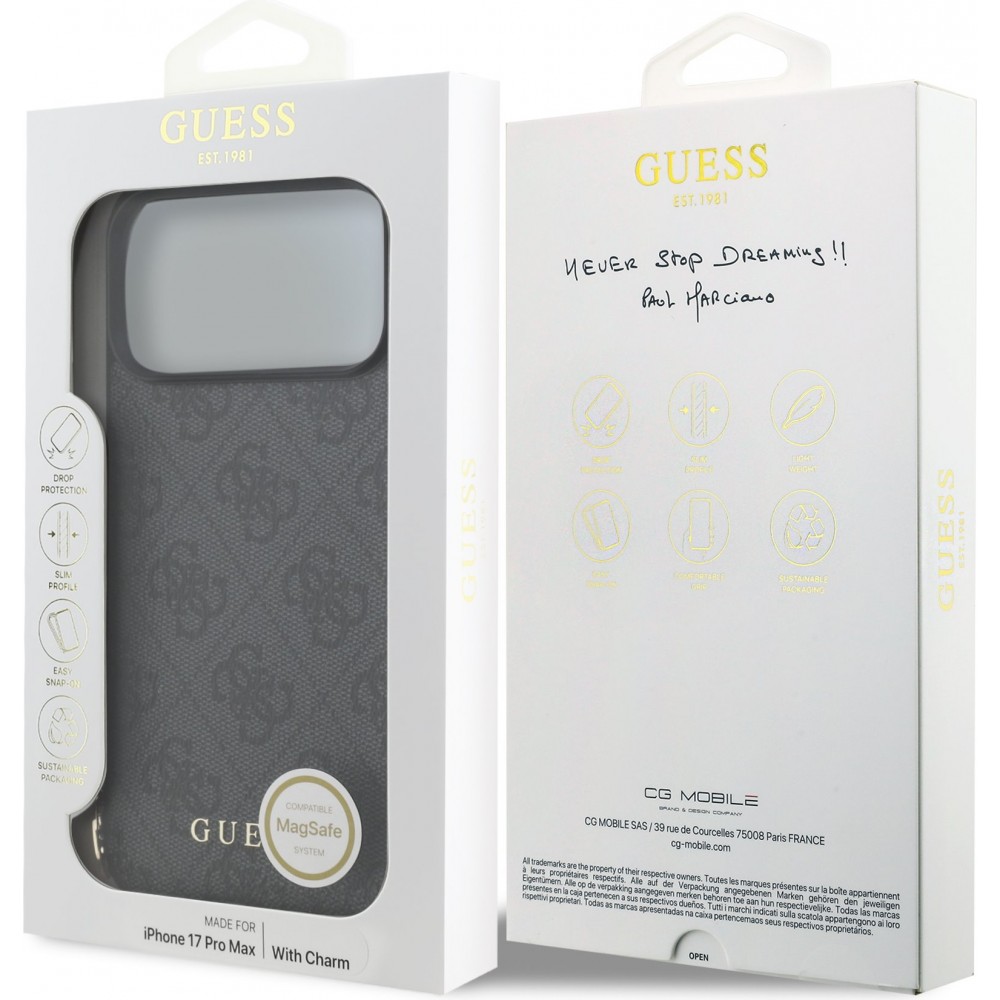 Coque iPhone 17 Pro Max - Guess 4G charm protection élégante design raffiné accessoire tendance - Gris