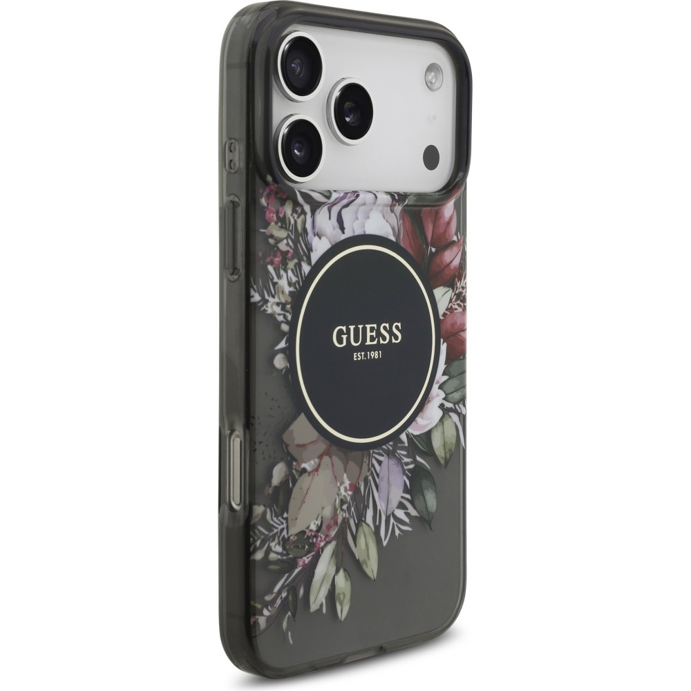 Coque iPhone 17 Pro Max - Guess IML fleurs avec chaîne poignet compatible MagSafe protection élégante et tendance - Noir