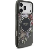 Coque iPhone 17 Pro Max - Guess IML fleurs avec chaîne poignet compatible MagSafe protection élégante et tendance - Noir