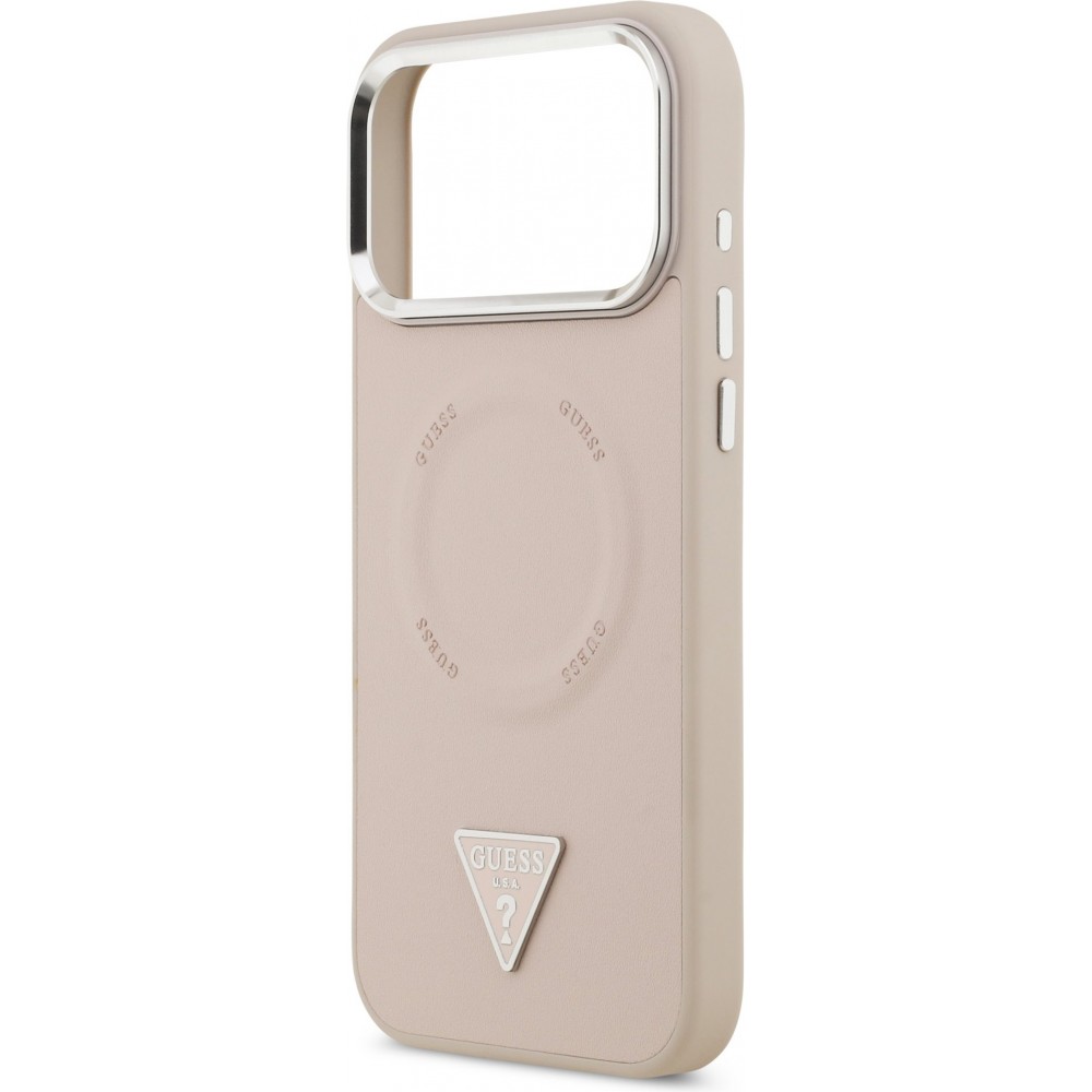 Coque iPhone 17 Pro Max - Guess MagSafe cuir PU avec logo triangle et cadre caméra métal argenté - Rose