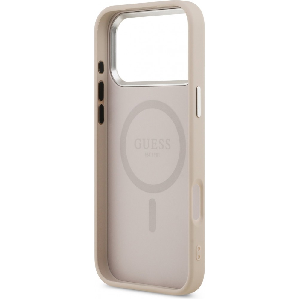 Coque iPhone 17 Pro Max - Guess MagSafe cuir PU avec logo triangle et cadre caméra métal argenté - Rose
