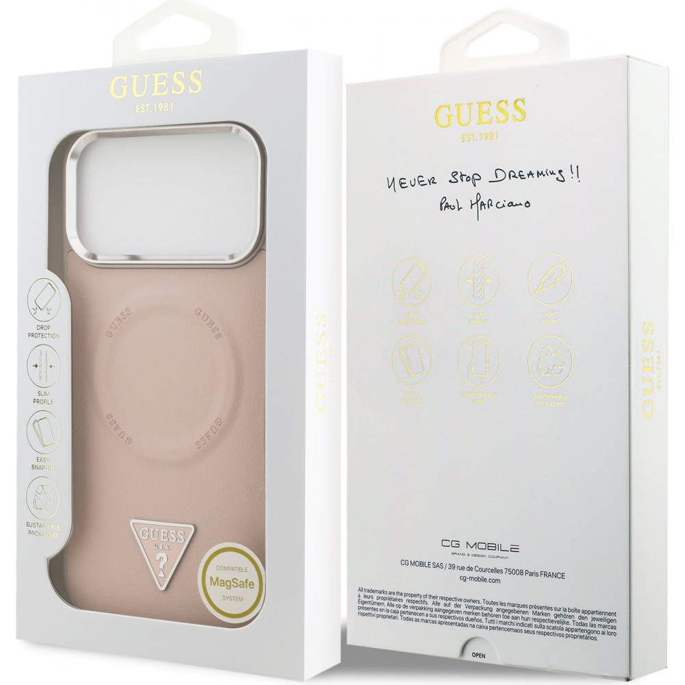 Coque iPhone 17 Pro Max - Guess MagSafe cuir PU avec logo triangle et cadre caméra métal argenté - Rose