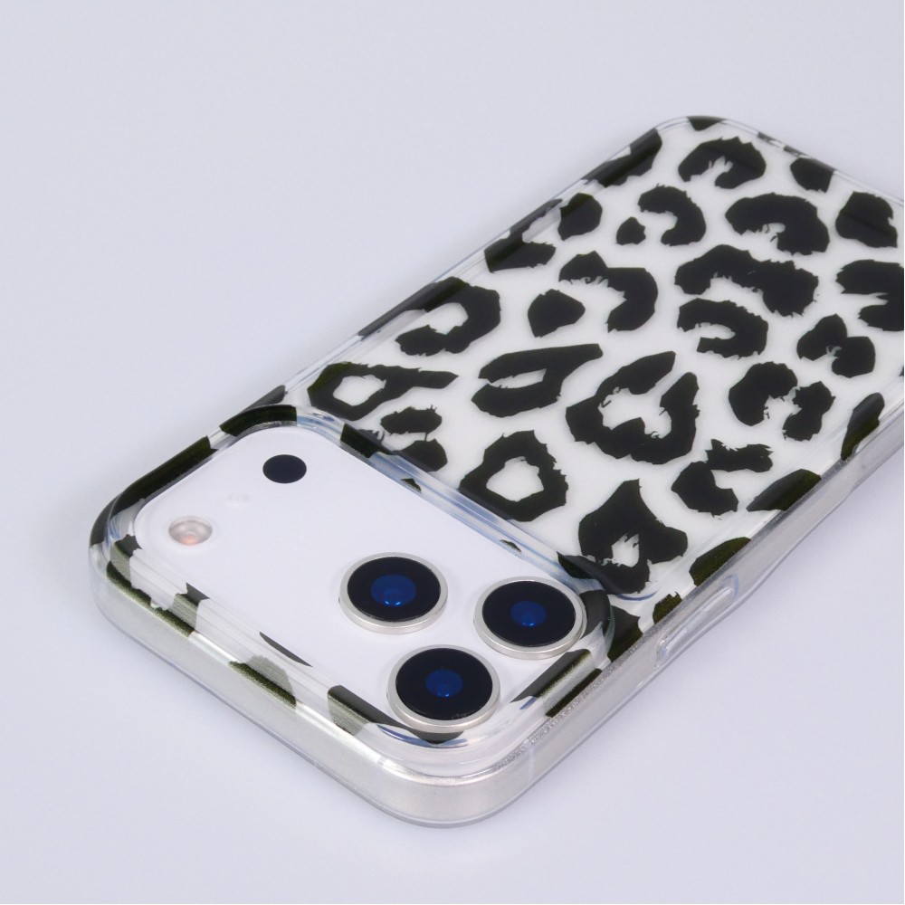 Coque iPhone 17 Pro Max - Léopard blanc/noir silicone souple antichoc transparent - Noir