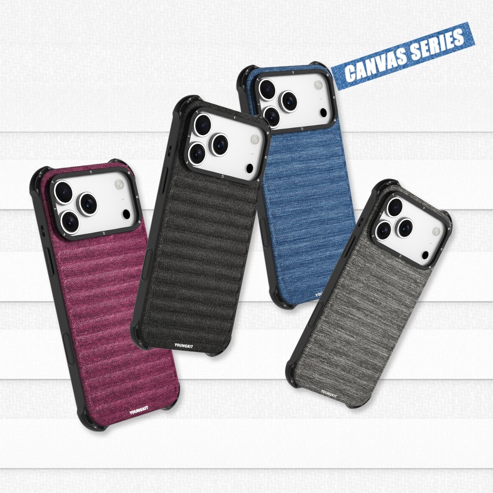 Coque iPhone 17 Pro Max - Youngkit Canvas en tissu et coins renforcés en silicone compatible MagSafe - Bordeaux