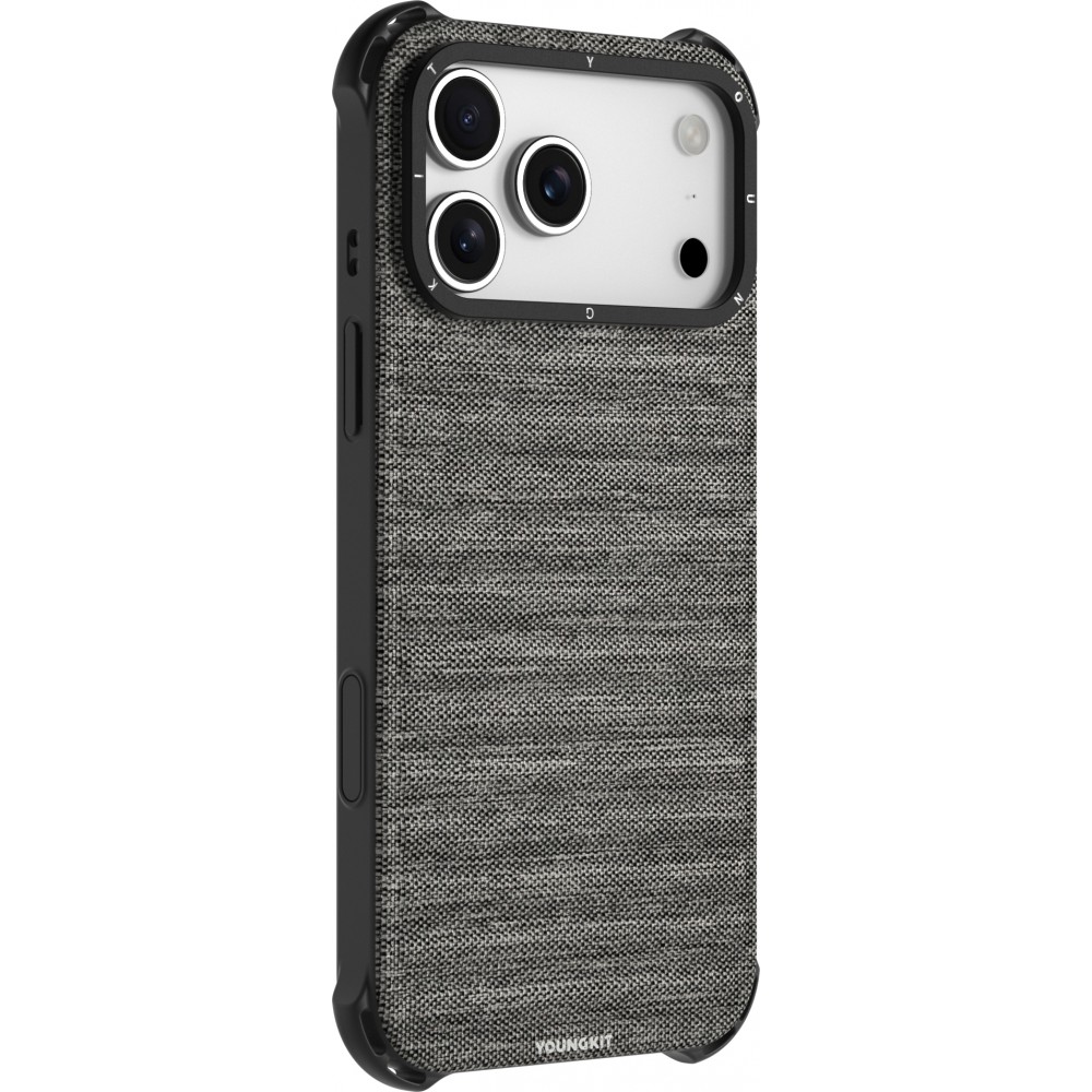 Coque iPhone 17 Pro Max - Youngkit Canvas en tissu et coins renforcés en silicone compatible MagSafe - Gris