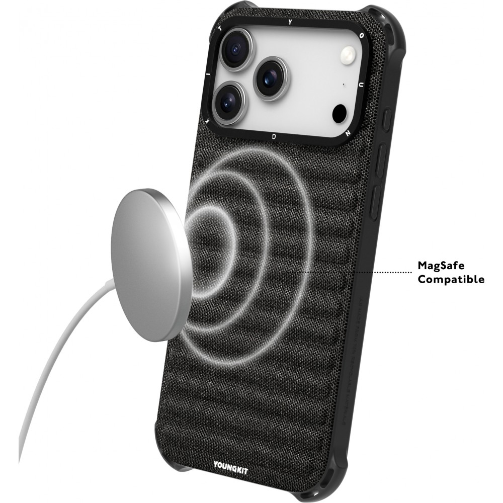 Coque iPhone 17 Pro Max - Youngkit Canvas en tissu et coins renforcés en silicone compatible MagSafe - Gris