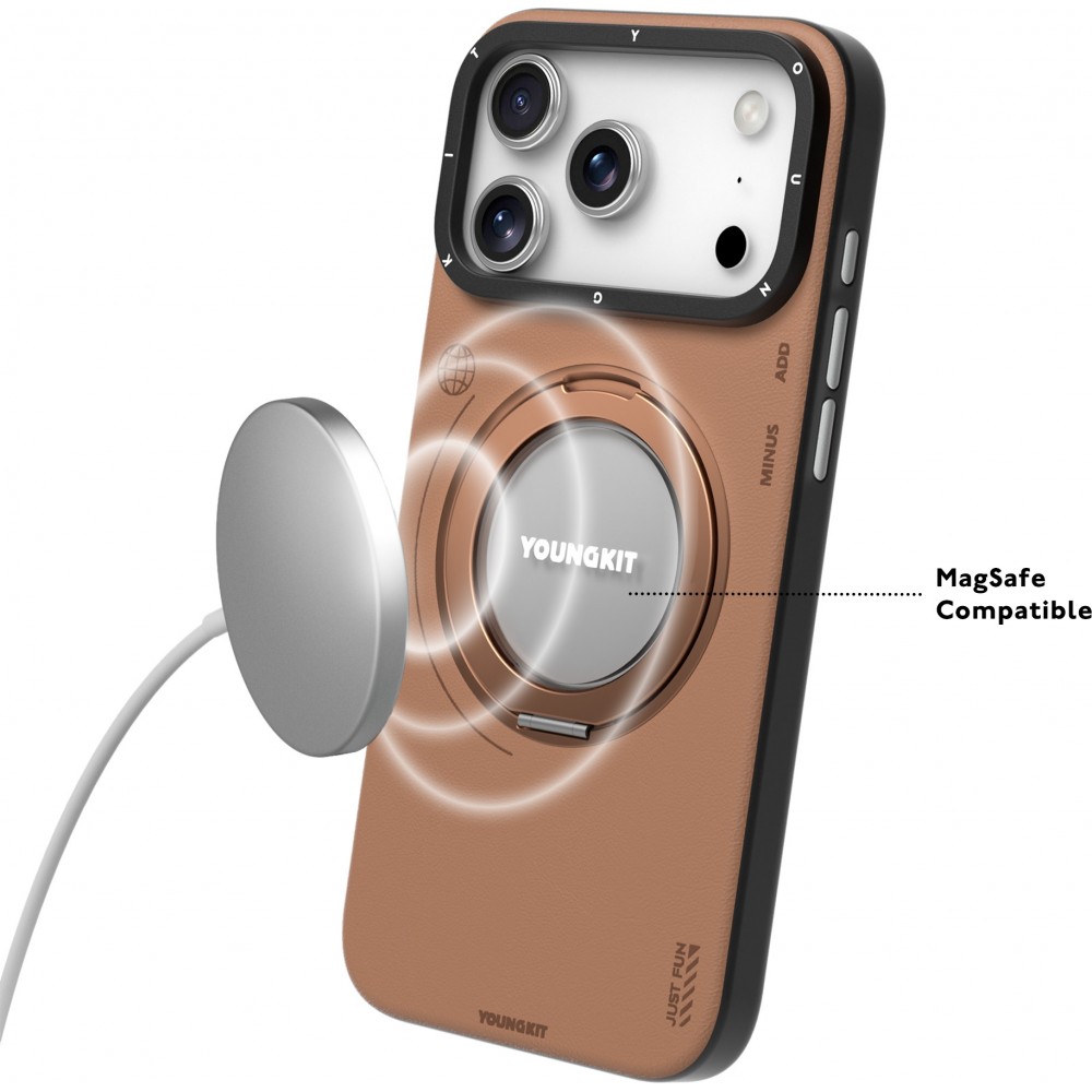 Coque iPhone 17 Pro - Youngkit Technology Leather 360° Rotating stand MagSafe - Brun