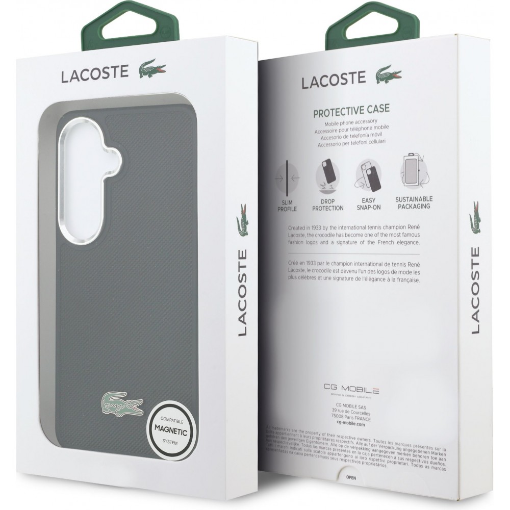 Coque Samsung Galaxy S26 - Lacoste Petit Pique MagSafe avec logo m&eacute;tal protection &eacute;l&eacute;gante et durable - Noir