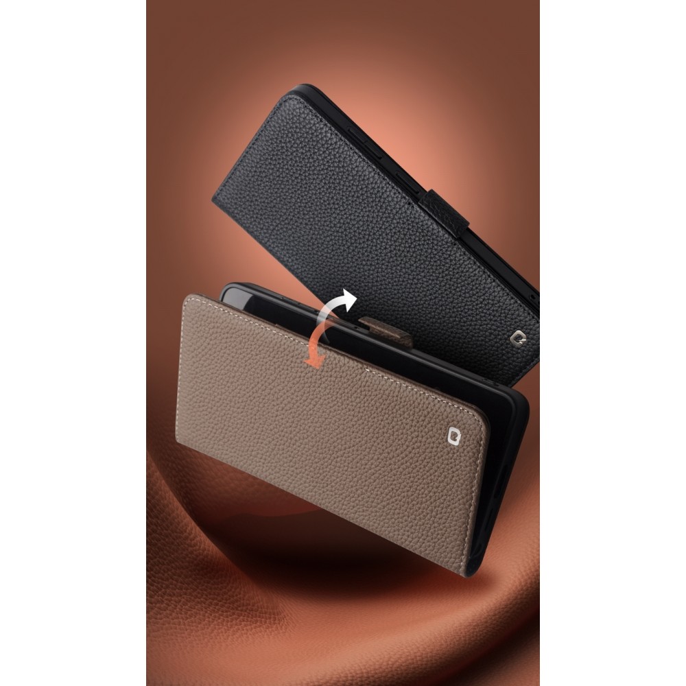 Coque Samsung Galaxy S26 Ultra - Flip Qialino Full grain Wallet cuir véritable mat avec fermeture magnétique - Brun