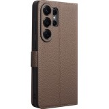 Coque Samsung Galaxy S26 Ultra - Flip Qialino Full grain Wallet cuir véritable mat avec fermeture magnétique - Brun