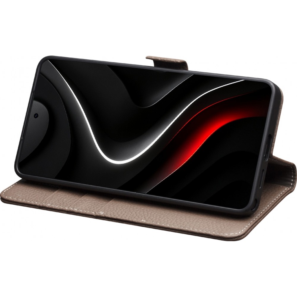 Coque Samsung Galaxy S26 Ultra - Flip Qialino Full grain Wallet cuir véritable mat avec fermeture magnétique - Brun